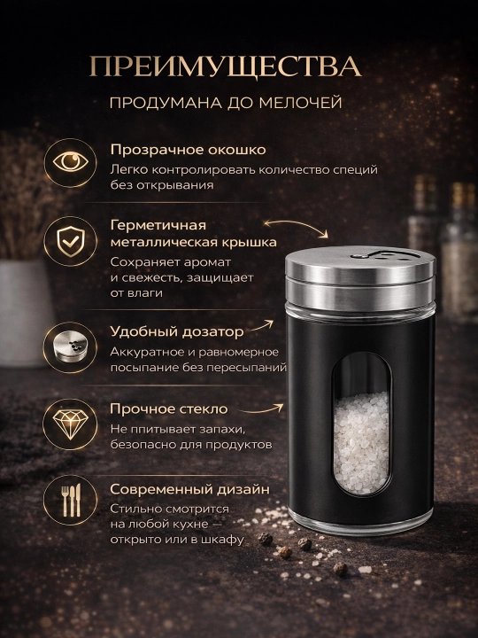 Баночка для специй с окошком, стеклянная емкость с металлической крышкой, 120 мл