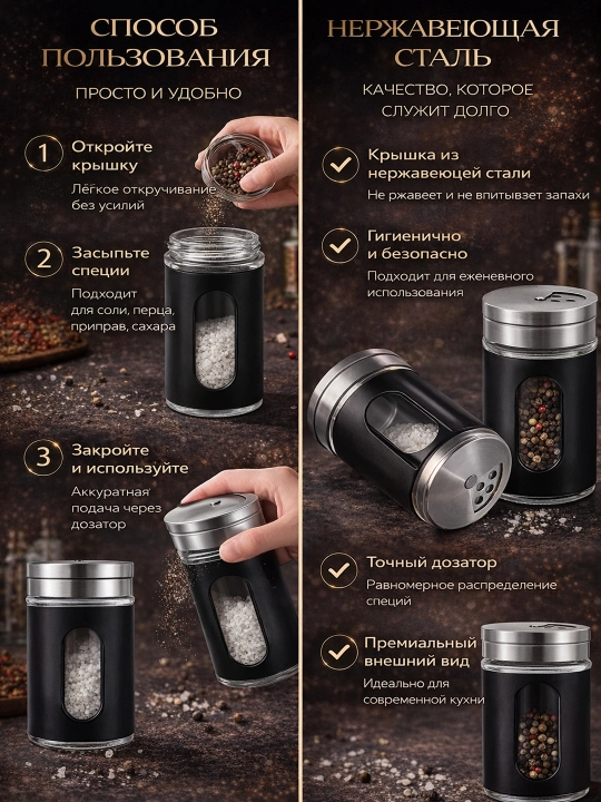 Баночка для специй с окошком, стеклянная емкость с металлической крышкой, 120 мл