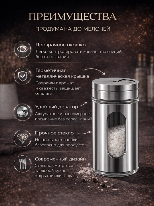 Баночка для специй с окошком, стеклянная емкость с металлической крышкой, 120 мл