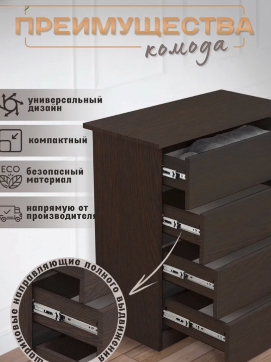 Компактный комод с четырьмя ящиками для одежды и вещей
