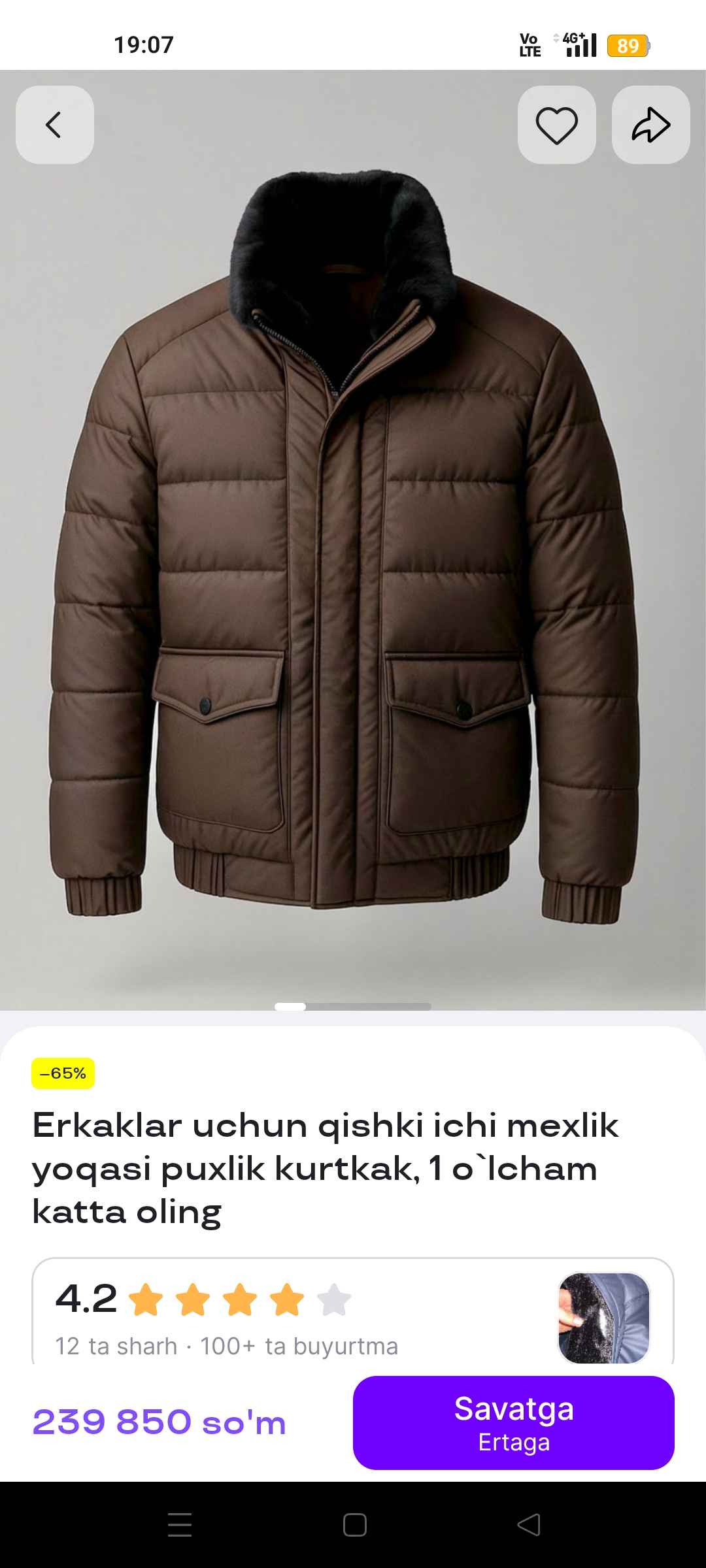 Erkaklar uchun qishki ichi mexlik yoqasi puxlik kurtkak, 1 o`lcham katta oling