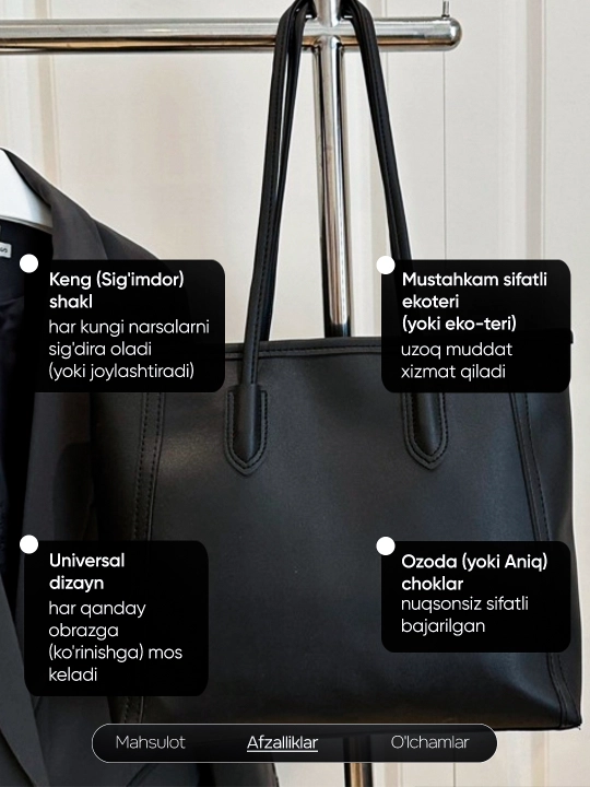 Ayollar va qizlar sumkasi, shoper — o‘qish va ishga, katta