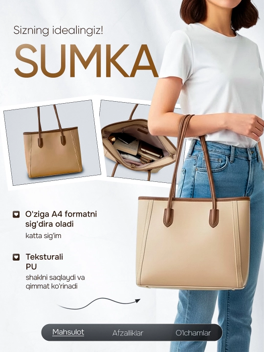 Ayollar va qizlar sumkasi, shoper — o‘qish va ishga, katta