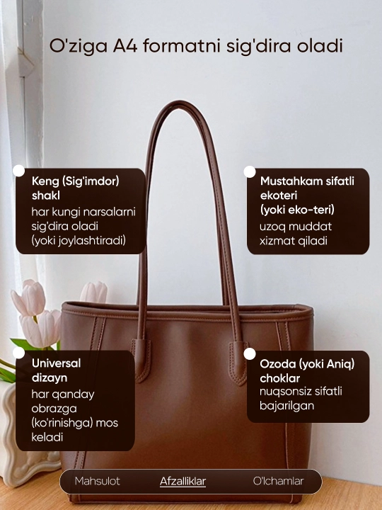 Ayollar va qizlar sumkasi, shoper — o‘qish va ishga, katta