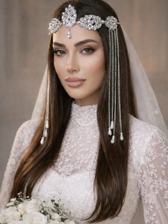 Qizlar uchun nafis diadema – Swarovski toshli, zanjirli soch aksessuari - 