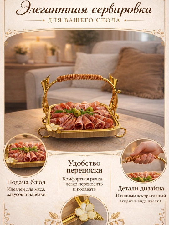 Gulli dekorli va tutqichli servis bambukdan yasalgan patnisi
