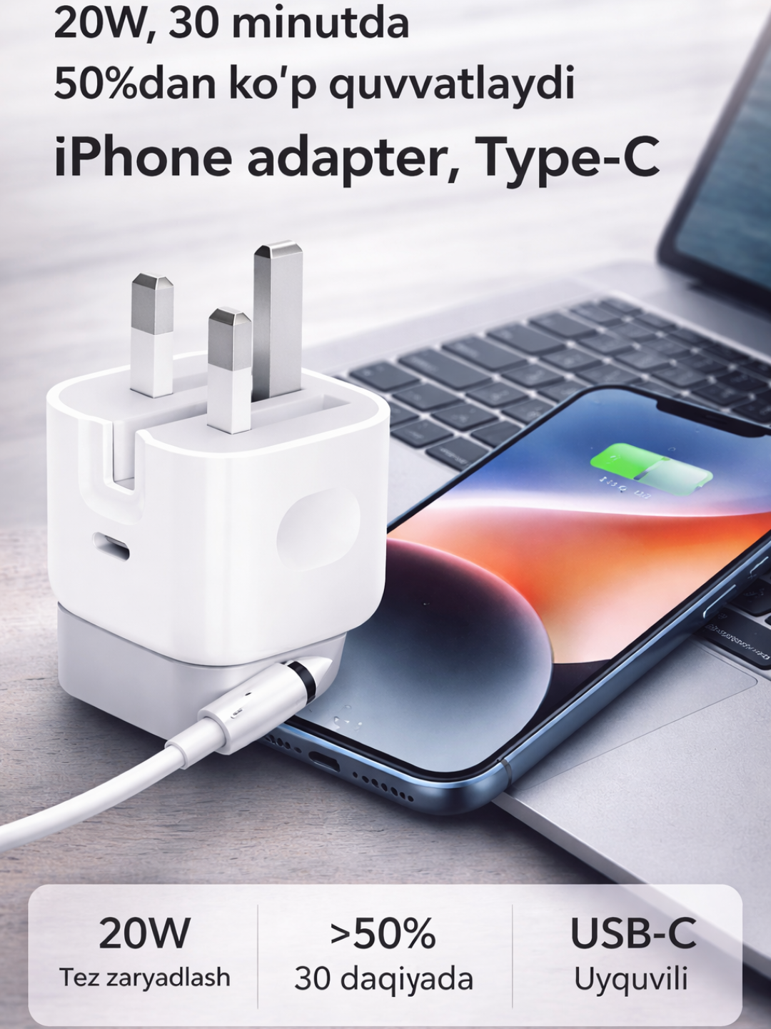 Адаптер быстрой зарядки USB-C 20W, 1 USB-C порт, для iPhone и Android - 