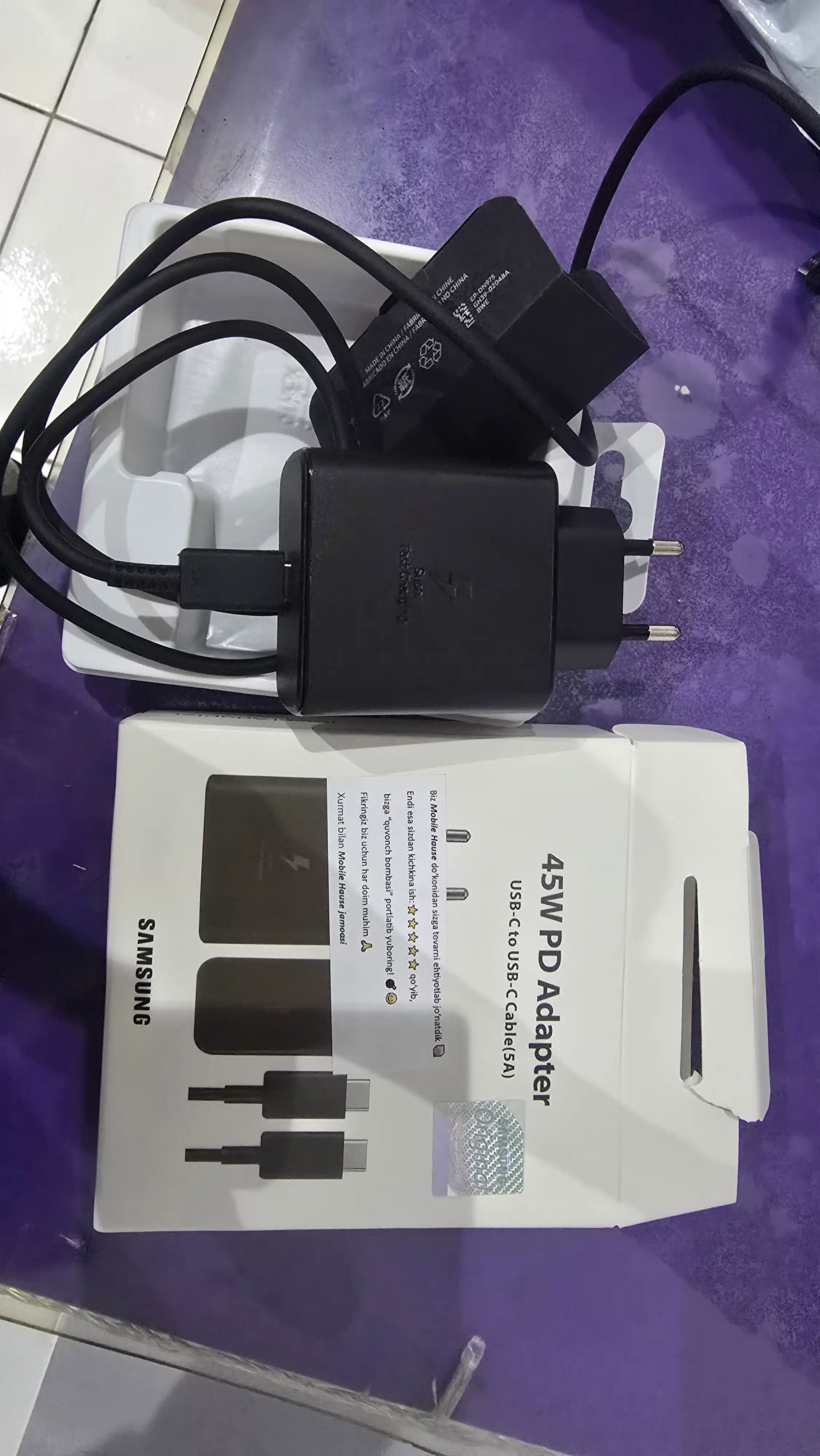 Zaryadnik Samsung Super Fast Charging 45W Type-C adapter kabeli bilan, 1 yil kafolat bor