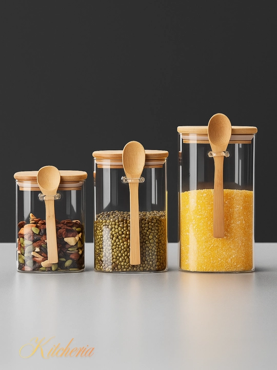 Shisha idish, quruq mahsulotlar uchun, germetik, 600–1200 ml, qoshiq bilan to‘plamda