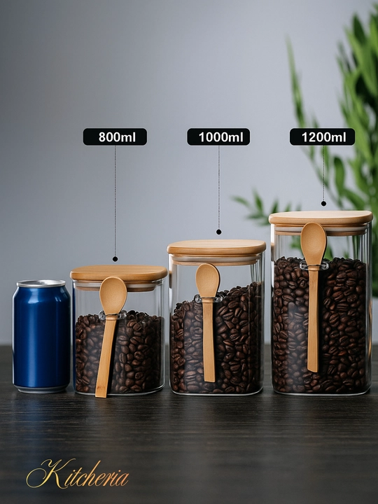 Shisha idish, quruq mahsulotlar uchun, germetik, 600–1200 ml, qoshiq bilan to‘plamda