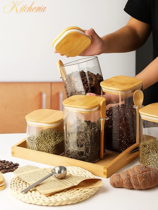 Стеклянная баночка, для сыпучих продуктов, герметичная, 600-1200 мл, ложка в комплекте - 