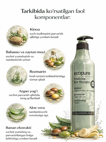 Barcha turdagi sochlar uchun tiklovchi Ecopure shampuni, 700 ml