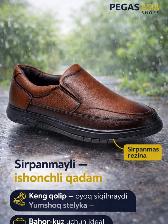 Erkaklar makasini (slip-on) — eko-koja, bahor–kuz, sirpanmas rezina, 38–43