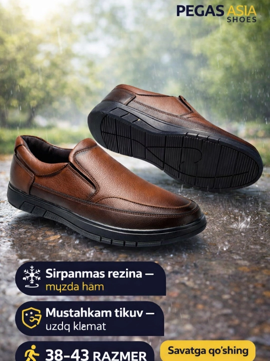 Erkaklar makasini (slip-on) — eko-koja, bahor–kuz, sirpanmas rezina, 38–43