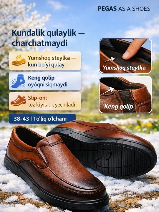 Erkaklar makasini (slip-on) — eko-koja, bahor–kuz, sirpanmas rezina, 38–43