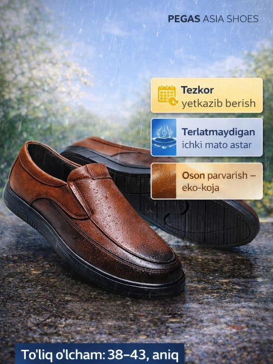 Erkaklar makasini (slip-on) — eko-koja, bahor–kuz, sirpanmas rezina, 38–43