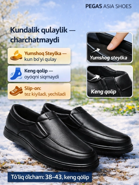 Erkaklar makasini (slip-on) — eko-koja, bahor–kuz, sirpanmas rezina, 38–43