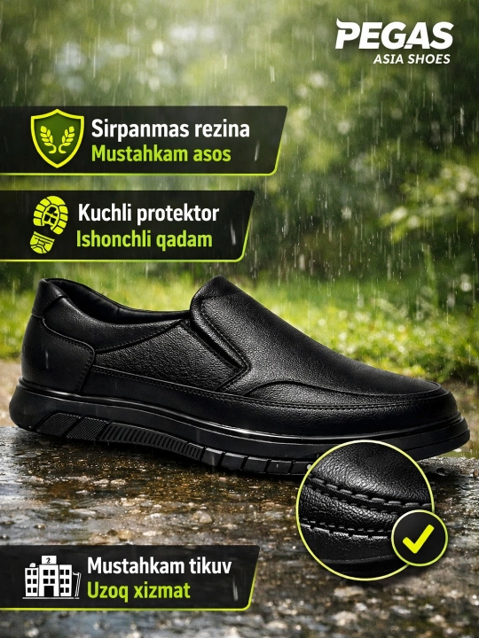 Erkaklar makasini (slip-on) — eko-koja, bahor–kuz, sirpanmas rezina, 38–43