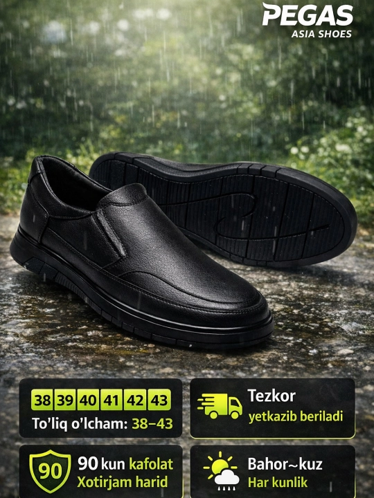 Erkaklar makasini (slip-on) — eko-koja, bahor–kuz, sirpanmas rezina, 38–43