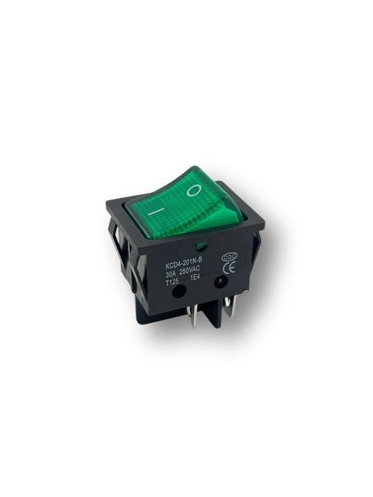 Клавишный выключатель KCD4-201N-B ON/OFF, 30A 250V, с зелёным LED индикатором, 4 pin  