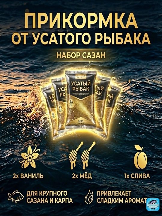 Набор прикормки «Усатый Рыбак» 5 шт: Клубника, Чеснок, Ваниль, Мёд, Слива. Ассорти вкусов