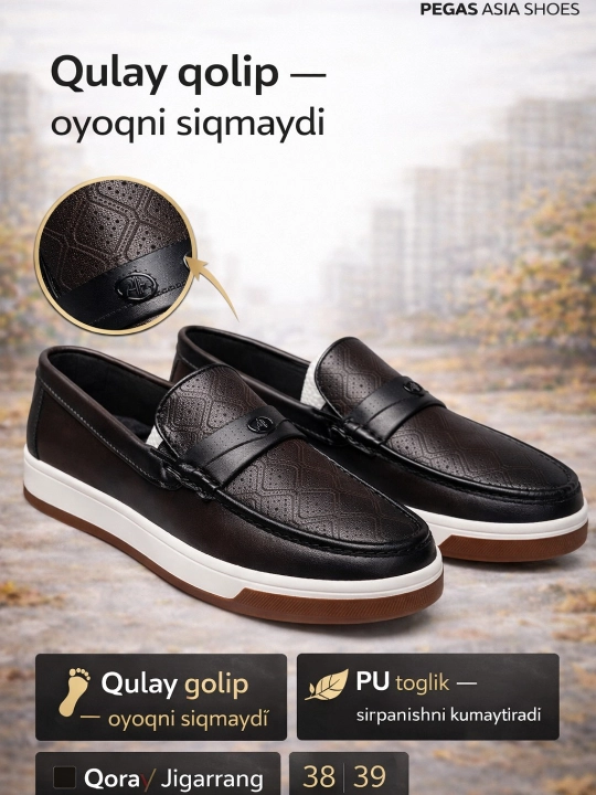 Erkaklar uchun, makasin (slip-on) — eko-koja, bahor–kuz, sirpanmas, rezina, 38–43
