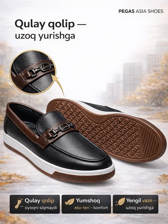 Erkaklar uchun, makasin (slip-on) — eko-koja, bahor–kuz, sirpanmas, rezina, 38–43