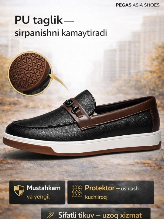 Erkaklar uchun, makasin (slip-on) — eko-koja, bahor–kuz, sirpanmas, rezina, 38–43