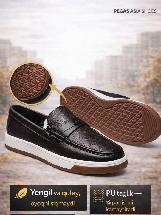 Erkaklar uchun, makasin (slip-on) — eko-koja, bahor–kuz, sirpanmas, rezina, 38–43
