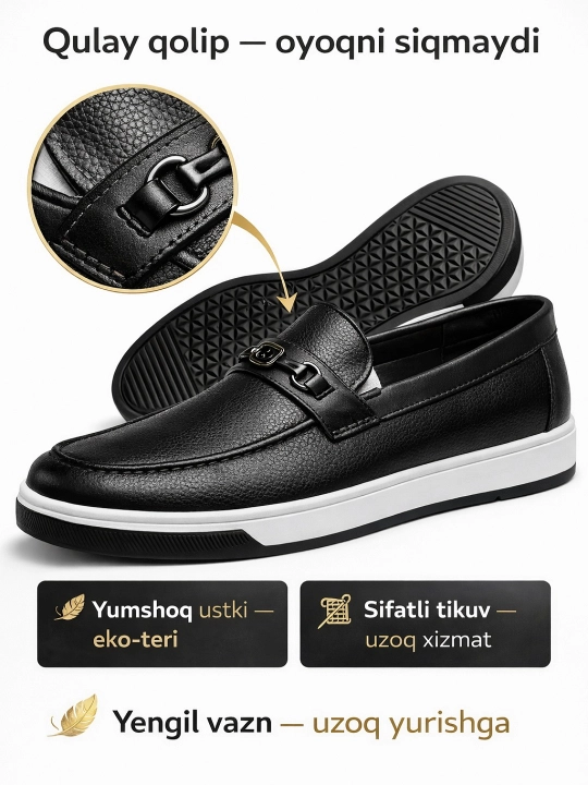 Erkaklar uchun, makasin (slip-on) — eko-koja, bahor–kuz, sirpanmas, rezina, 38–43