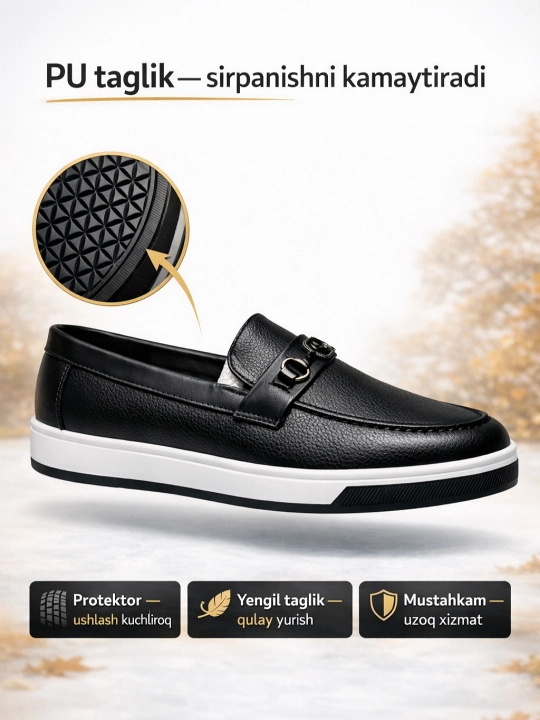 Erkaklar uchun, makasin (slip-on) — eko-koja, bahor–kuz, sirpanmas, rezina, 38–43