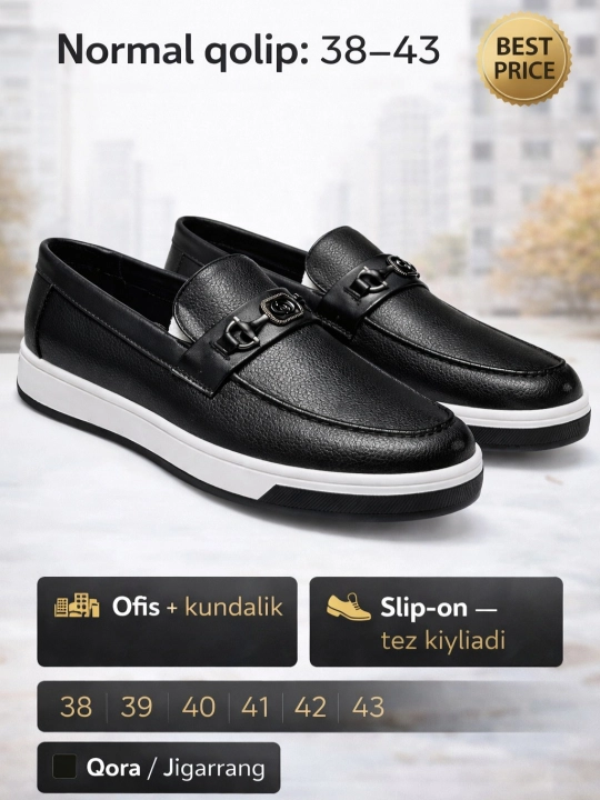 Erkaklar uchun, makasin (slip-on) — eko-koja, bahor–kuz, sirpanmas, rezina, 38–43