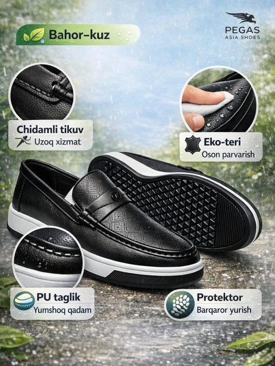 Erkaklar uchun, makasin (slip-on) — eko-koja, bahor–kuz, sirpanmas, rezina, 38–43