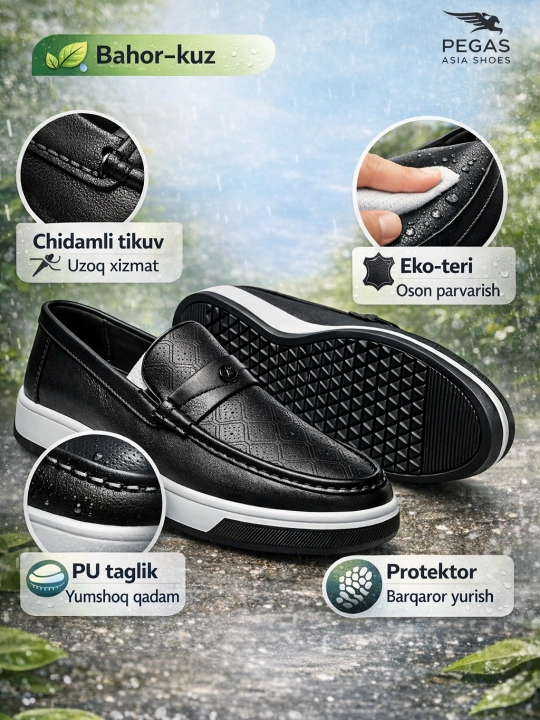 Erkaklar uchun, makasin (slip-on) — eko-koja, bahor–kuz, sirpanmas, rezina, 38–43