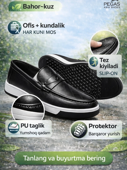 Erkaklar uchun, makasin (slip-on) — eko-koja, bahor–kuz, sirpanmas, rezina, 38–43