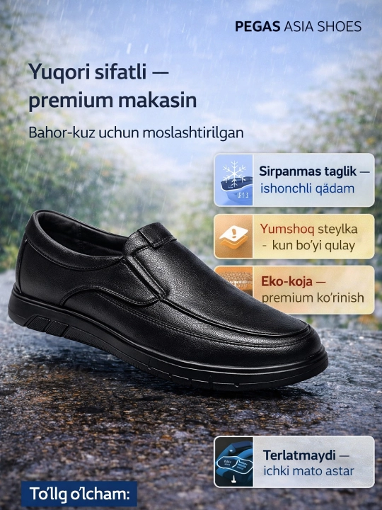 Erkaklar makasini (slip-on) — eko-koja, bahor–kuz, sirpanmas rezina, 38–43