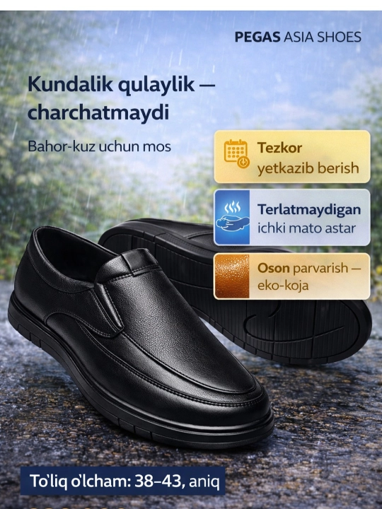 Erkaklar makasini (slip-on) — eko-koja, bahor–kuz, sirpanmas rezina, 38–43