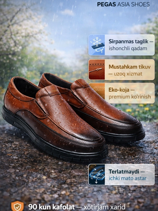 Erkaklar makasini (slip-on) — eko-koja, bahor–kuz, sirpanmas rezina, 38–43