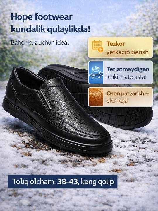 Erkaklar makasini (slip-on) — eko-koja, bahor–kuz, sirpanmas rezina, 38–43