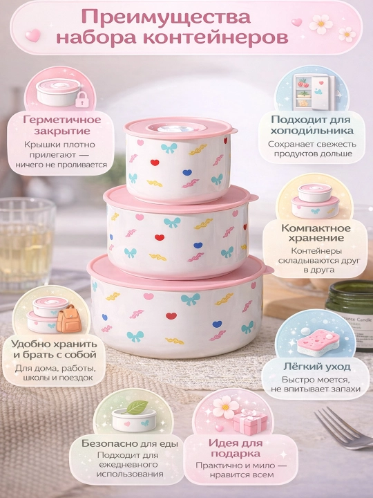 Набор контейнеры керамические круглые с крышкой, 3 шт