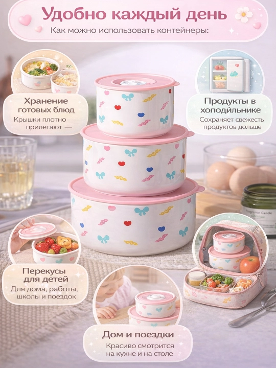 Набор контейнеры керамические круглые с крышкой, 3 шт