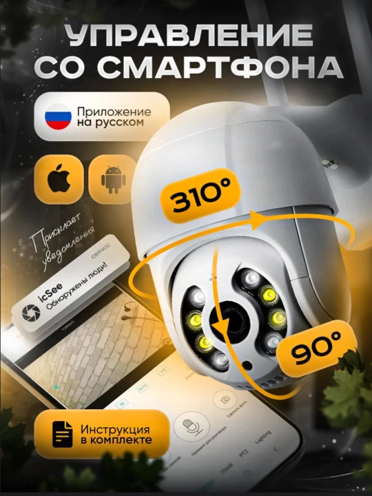 Wi-Fi камера видеонаблюдения с ночным видением, поворотом 360, датчиком движения