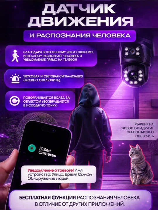 Wi-Fi камера видеонаблюдения с ночным видением, поворотом 360, датчиком движения