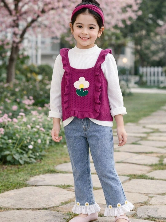 Qiz bolalar uchun, uch qismli kiyim to'plami, kofta, jaket va jensi shim - 