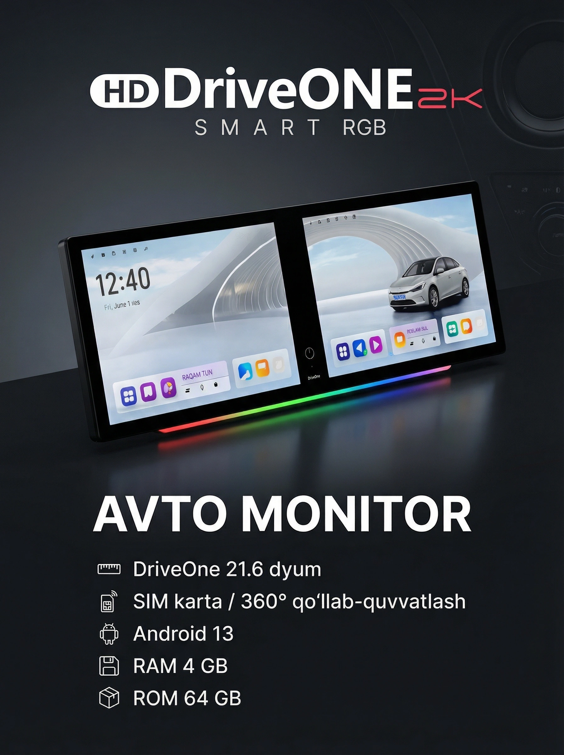 Автомобильный монитор андроид DriveOne 21.6 дюйм 4+64GB SIM 360 Wi-Fi ...