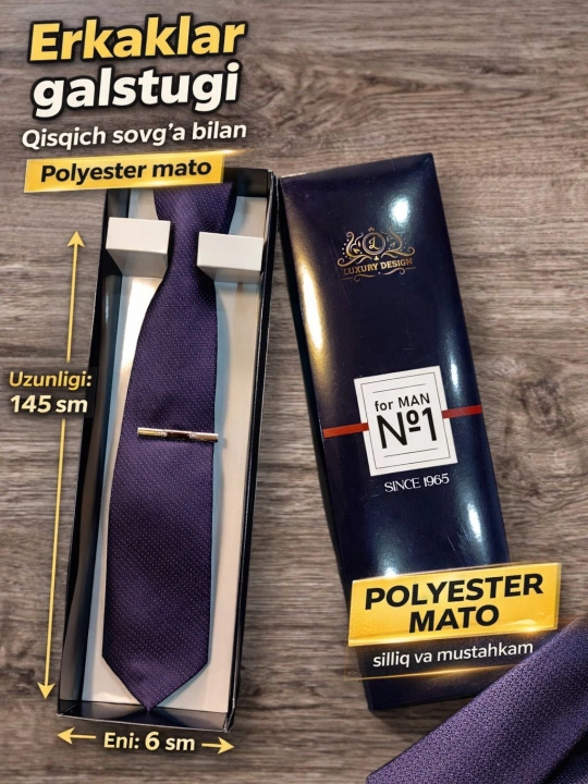 Erkaklar galstugi, klassik dizayn, ofis va bayram uchun, galstuk qisqichi sovg‘a sifatida