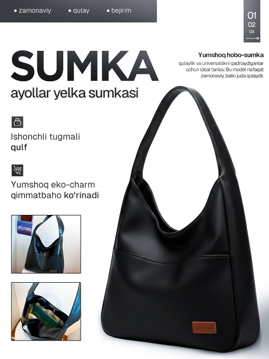 Ayollar sumkasi, xobo yelkaga, A4 sig'adi, har kunga