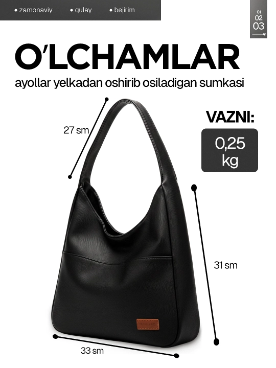 Ayollar sumkasi, xobo yelkaga, A4 sig'adi, har kunga