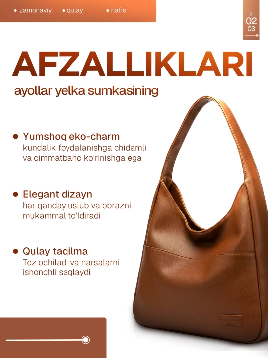 Ayollar sumkasi, xobo yelkaga, A4 sig'adi, har kunga
