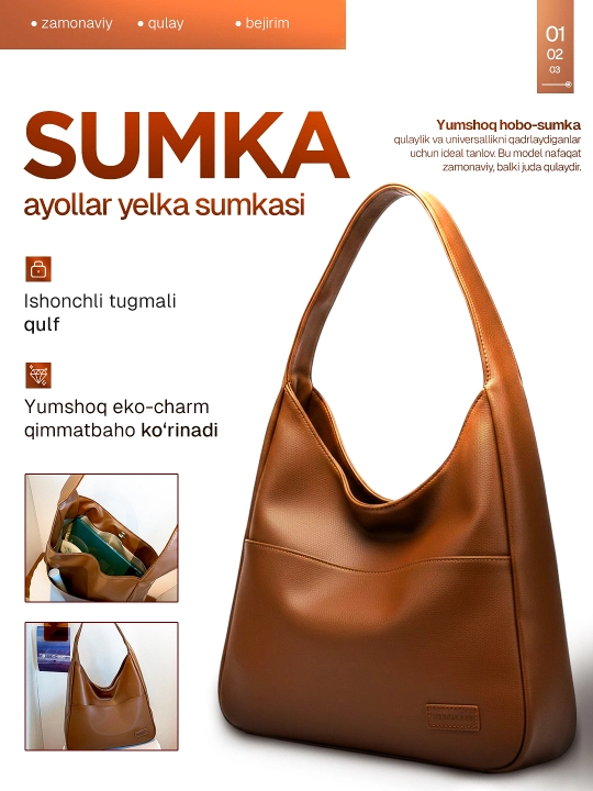 Ayollar sumkasi, xobo yelkaga, A4 sig'adi, har kunga